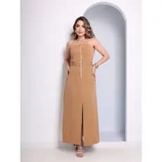 Vestido Feminino Longo Tomara que Caia Cinto Fenda Zíper Frontal QUEIMA DE ESTOQUE
