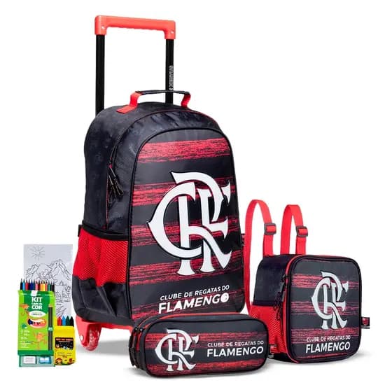 Kit Mochila Rodinha Estojo Lancheira Flamengo Infantil Escolar Time Torcedor Rubro Negro Meninos Oficial Lancamento