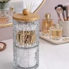 Porta Cotonetes Algodão Acrilico Com Tampa De Bambu Porta Condimentos Organizador Premium
