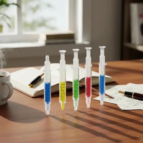 Kit 15 Canetas Esferográficas Com Marca Texto Formato Seringa