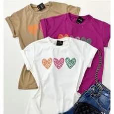 Camiseta Tshirt Feminina Estampada 3 Coração Colorido Camiseta Algodão Feminina Blusa Feminina
