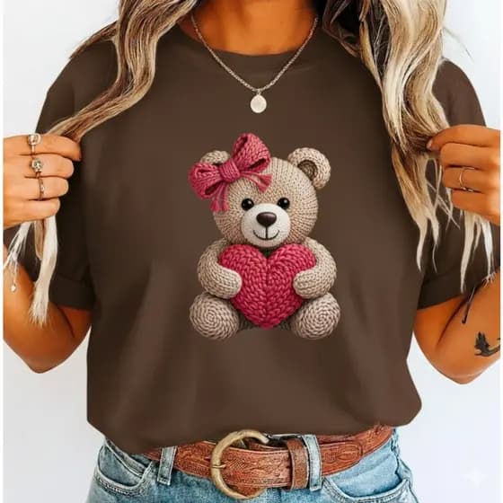 Camiseta Feminina Ursinho Urso Coração T-Shirt 100% Algodão Camisa Lançamento Blusa Feminina Básica