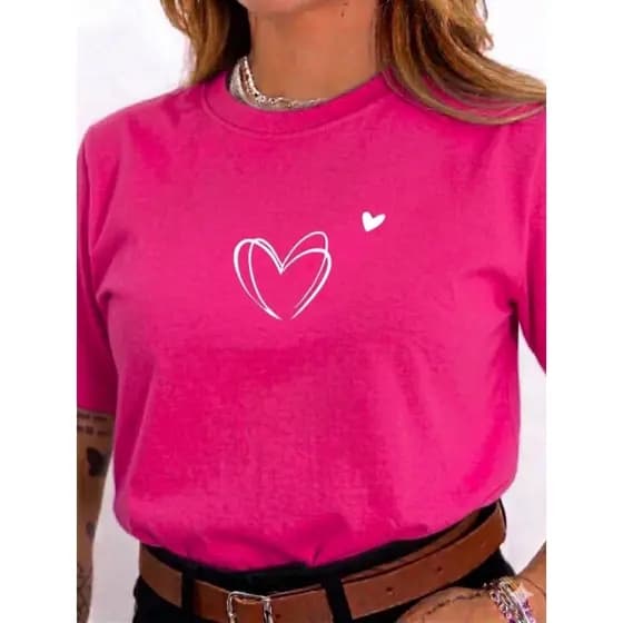 Camiseta Feminina Estampada Coração Minimalista T-shirt 100% Algodão Blusa Feminina