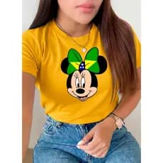 Camiseta Feminina Brasil Minnie Laço Verde Amarelo T Shirt Estampada 100% Algodão Blusa Feminina