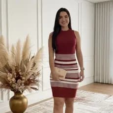 Vestido Midi Feminino Canelado sem Manga Tubinho Casual Básico Listrado de Tricot Tendência Elegante
