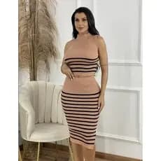 Conjunto Tricot Cropped Com Saia Midi Tendência Moda Feminina Estilosa Canelado Fenda Lateral