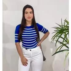 Blusa T-Shirt Feminina Básica Tricot Listrada Manga Curta Gola Redonda Elegante Moda Tshirt T Shirt