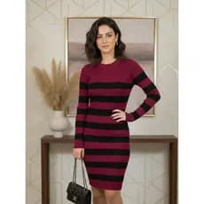 Vestido Midi Canelado Gola Redonda Manga Longa Trico Elegante Estilo Blogueira Tendência Frio Outono