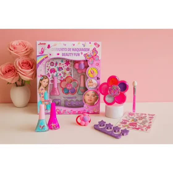 Kit Beleza Infantil Completo Esmalte Paleta Glitter Lixa de Unhas Adesivos Divertidos e Laço para Meninas