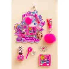 Kit Maquiagem Infantil – Paleta de Sombras Glitter, Esmalte, Lip Gloss Pompom, Pó Shimmer e Adesivo