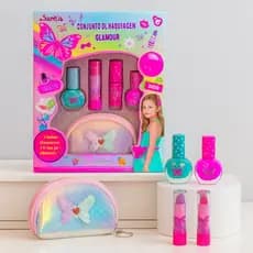 Kit Infantil Glamour com 2 Batons 2 Esmaltes Perfumados e Necessaire Maquiagem Segura para Crianças