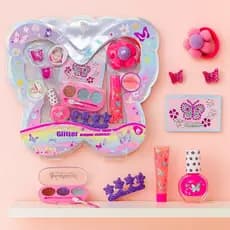 Kit Maquiagem Infantil Criativo Sombras Glitter Lip Gloss Esmalte Laço Presilhas e Adesivos Diamante