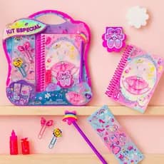 Kit Papelaria Infantil Completo com Caderneta, Caneta, Marca Texto, Adesivos e Acessórios Criativos