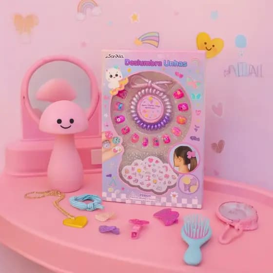 Kit 12 Unhas Postiças Autocolantes Sem Cola Infantil Beleza Meninas Elástico de Cabelo Adesivo de Unhas