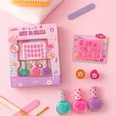 Maquiagem Infantil com 3 Esmaltes 20 Unhas Postiças Decoradas e 2 Anéis – Brincadeira Segura