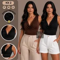 KIT 2 Blusa Feminina Regata Gola Boba Suplex Premium Regata Drapeada Blusinha Regata Verão Camisa