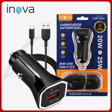 Carregador Veicular USB Com Cabo Tipo C Incluso Ultra Rápido Turbo Inova