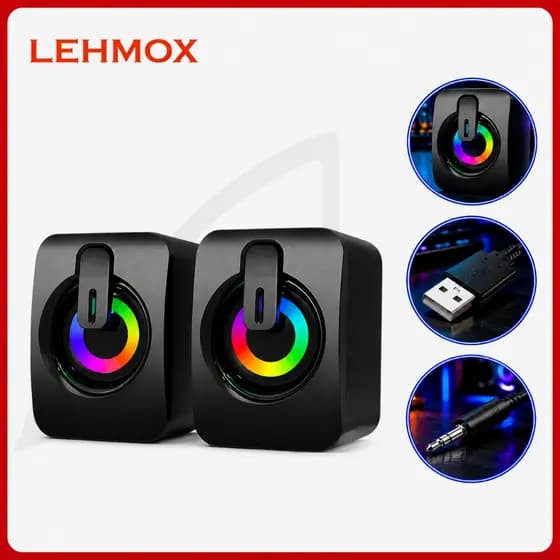Caixa de Som para PC USB P2 RGB Lehmox Estéreo com Controle de Volume