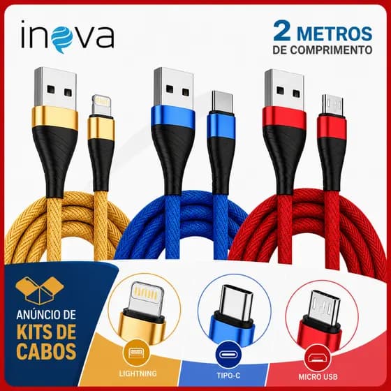 Kit Cabos Inova 2 Metros Tipo C V8 Lightning iPhone Carga Rápida