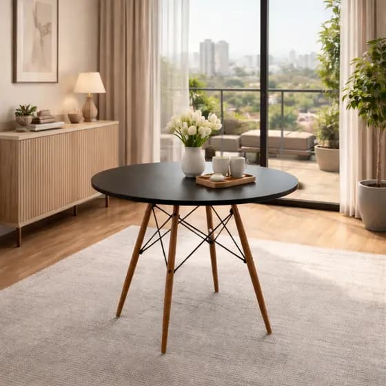 Mesa de Jantar Charles Eames Eiffel 75cm Tampo de Madeira Base 4 Pés Natural Eucalipto
