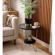 Mesa de Apoio Lateral e Canto Sofá Italy Base de Ferro Tampo Redondo de Madeira Decoração Sala