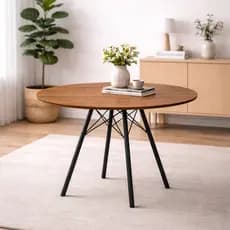 Mesa de Jantar Redonda 90cm Tampo Madeira Base Ferro Tubular 4 Pés Estilo Industrial Moderna