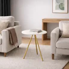 Mesinha Lateral de Canto para Sala Base de Ferro Tampo 42cm Redondo de Madeira Decoração Apoio Sofá