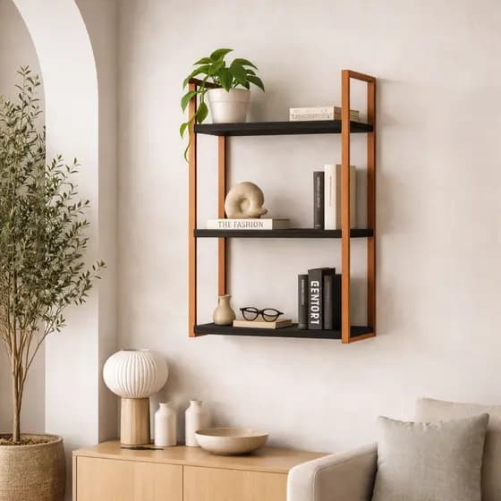 Prateleira Nicho Industrial de 40cm com 3 Andares Base de Ferro Tampo de Madeira Decoração de Parede
