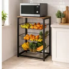 Fruteira Suporte Micro-Ondas Com 3 Cestos de Ferro e Tampo de Madeira Organizador Cozinha