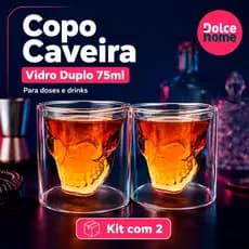 Kit 2 Copo Caveira Vidro Duplo 75ml  Para Whisky Tequila Vodka Bebidas Destiladas Bar e Decoração