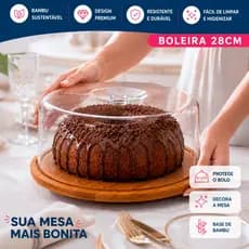 Boleira Porta Bolo Bambu 28cm Com Tampa Acrílica Redonda Para Bolos Doces e Mesa Posta