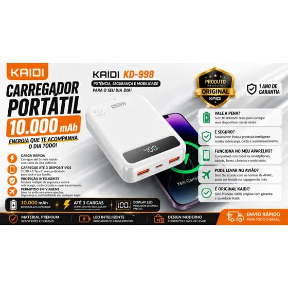 Power Bank MagSafe 10000mAh Carregamento Sem Fio Magnético Fast Charge USB-C Para iPhone Android