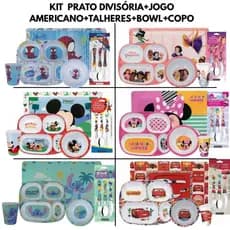 Kit Talher+Prato Com Divisória+Copo Infantil+Bowl+Jogo Americano Personagens  Disney BPA Free Homem Aranha Princesas Car