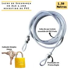 Cabo de Segurança Multiuso 1,50 Metros Prata + Cadeado - Travel Airport Bolsa Bike GoPro Capacetes