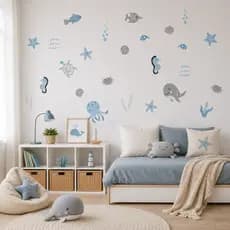 Adesivo de Parede Fundo do Mar Menino Azul e Cinza decoração quarto infantil delicada moderna