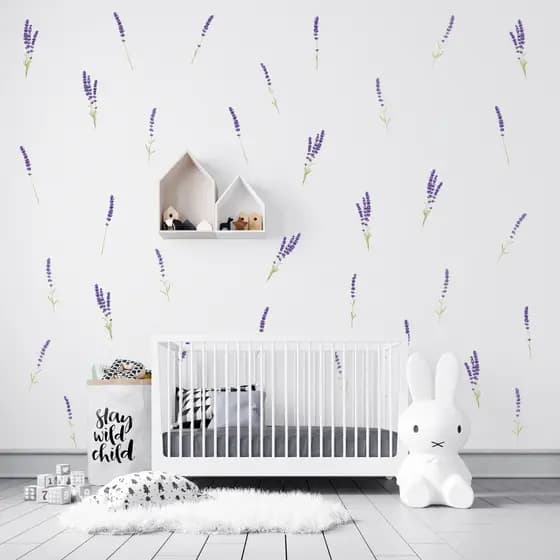 Adesivo de parede Ramos de lavanda lilás quarto infantil de menina moderno delicado raminhos escritório aquarela