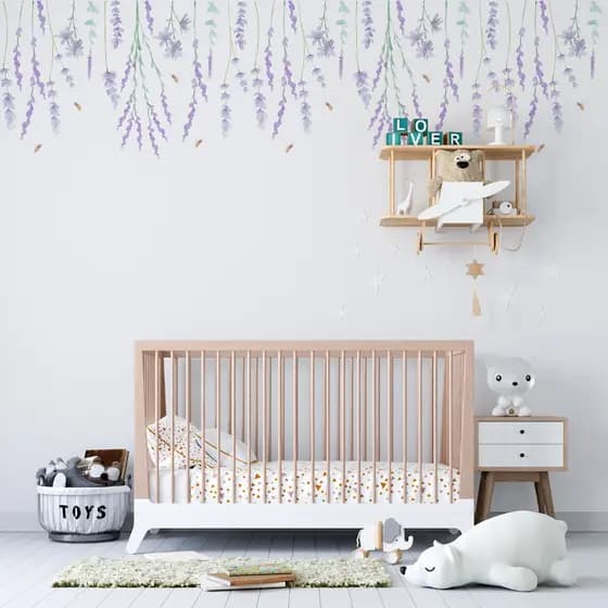Adesivos Jardim Ramos Pendentes Lavanda e Flores Aquarela Lilás SEM FUNDO Quarto Infantil Parede