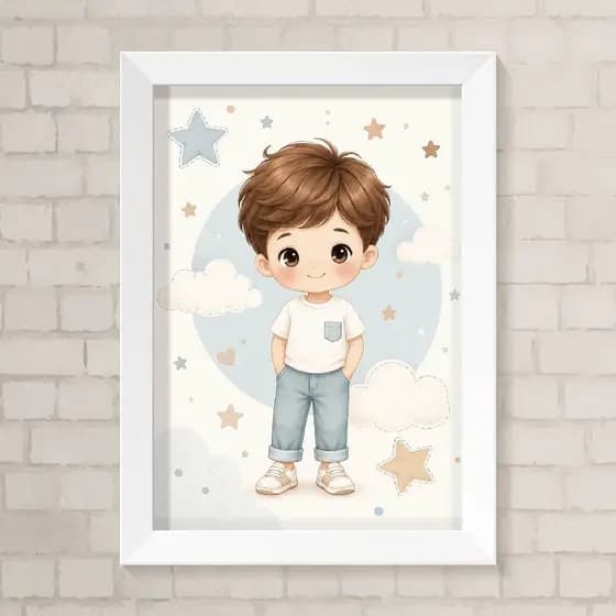 Quadro Decorativo Infantil A4 - Menino, Estrelas e Nuvens