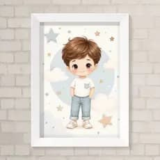 Quadro Decorativo Infantil A4 - Menino, Estrelas e Nuvens