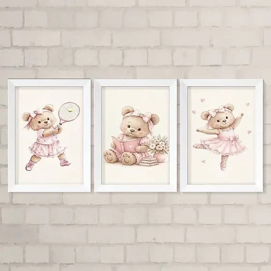 Kit de Quadros Infantil Menina A4 - Ursinhas Rosa Delicado