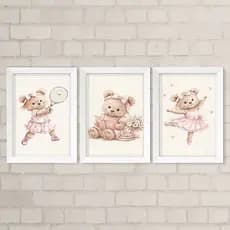 Kit de Quadros Infantil Menina A4 - Ursinhas Rosa Delicado