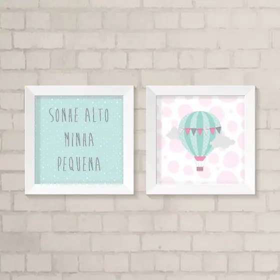 Kit de Quadros Infantil Menina - Sonhe Alto minha Pequena e Balão Turquesa