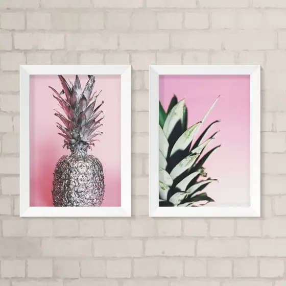 Kit de Quadros Decorativos - Abacaxi Fundo Rosa