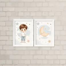 Kit de Quadros Infantil A4 - Menino, Estrelas, Nuvens e Lua