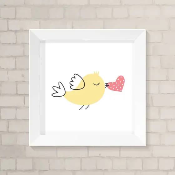 Quadro Infantil - Passarinho Amarelo e Coração Quartinho de Menina