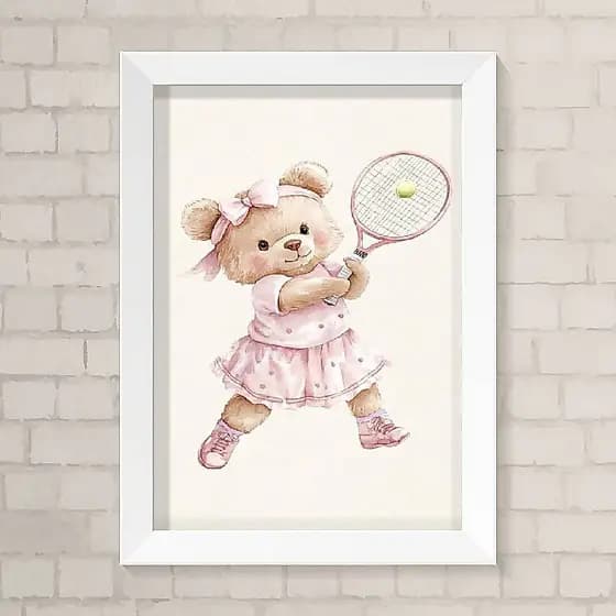 Quadro Infantil Menina A4 - Ursinha Tenista Rosa Delicado
