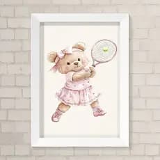 Quadro Infantil Menina A4 - Ursinha Tenista Rosa Delicado