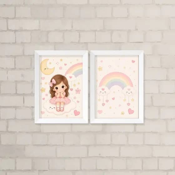 Kit de Quadros Infantil Menina A4 - Menina, Arco-Íris e Corações