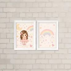 Kit de Quadros Infantil Menina A4 - Menina, Arco-Íris e Corações