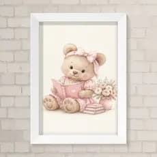 Quadro Infantil Menina A4 - Ursinha e Livro Rosa Delicado